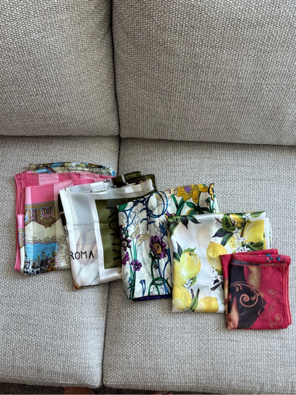 Set of (5) silky scarves purchased in various countries Italy Argentina France